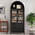 HRVEOCEI Black Arched Cabinet with Glass Doors, Tall Arch Kitchen Pantry with 2 Large Drawers & Adjustable Shelves/Golden Handles, Wood Hutch Cabinet for Kitchen, Dining Room, Living Room
