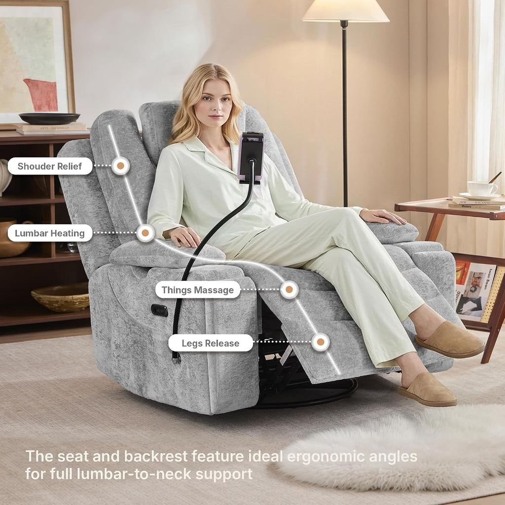 Oversized Power Rocker Recliner Chair, Swivel Glider Rocking Chair for Adults with Massage and Heat, Nursery Glider Recliner with Adjustable Headrest and Phone Stand