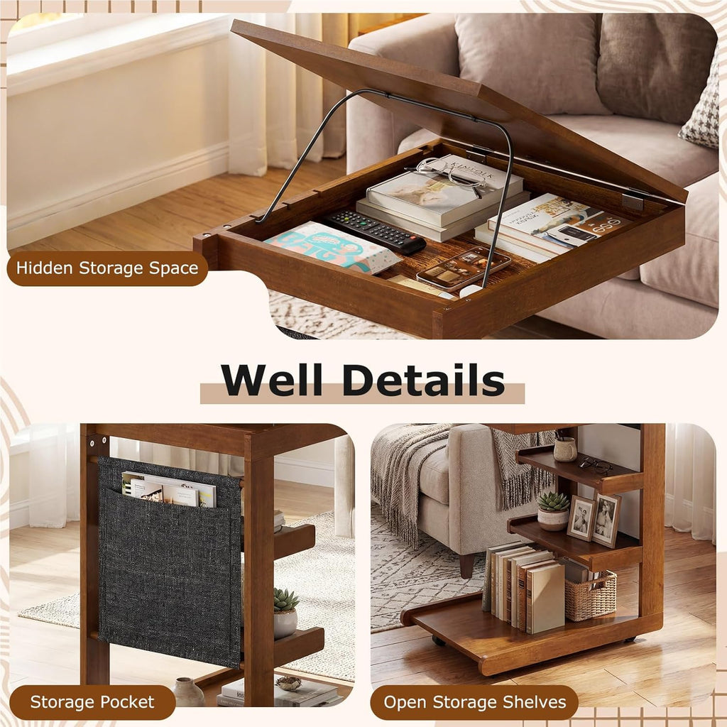 Giantex C-Shaped End Table with Wheels, Wooden Rolling Side Table w/Adjustable Desktop, Edge Stopper, Side Pocket & 3 Storage Shelves, Sofa Couch Bedside TV Tray for Living Room Bedroom (Brown,1)