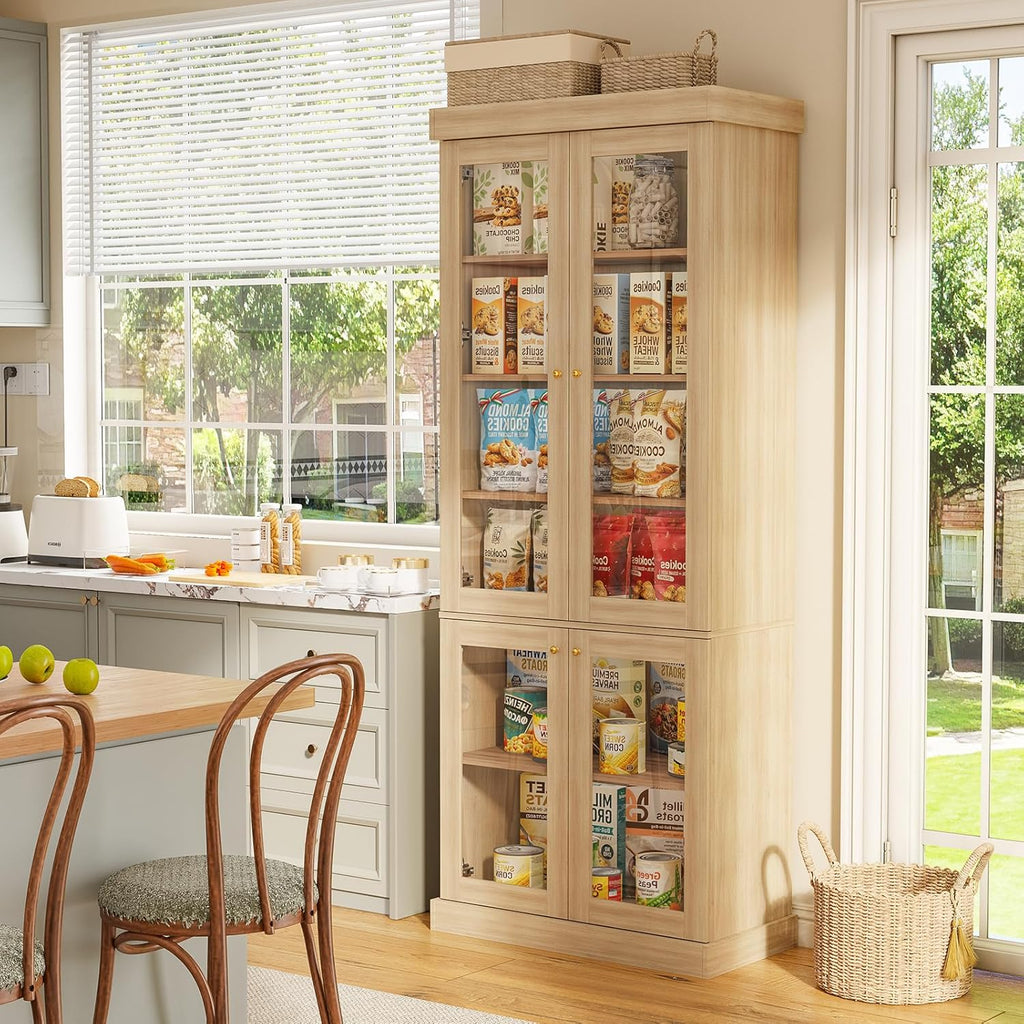 ivaniti 70.8" Tall Farmhouse Bookshelf with Glass Doors, Modular Bookcase with 6-Tier Adjustable Shelves, Large Storage Cabinet for Kitchen, Living Room, Brown, Set of 4