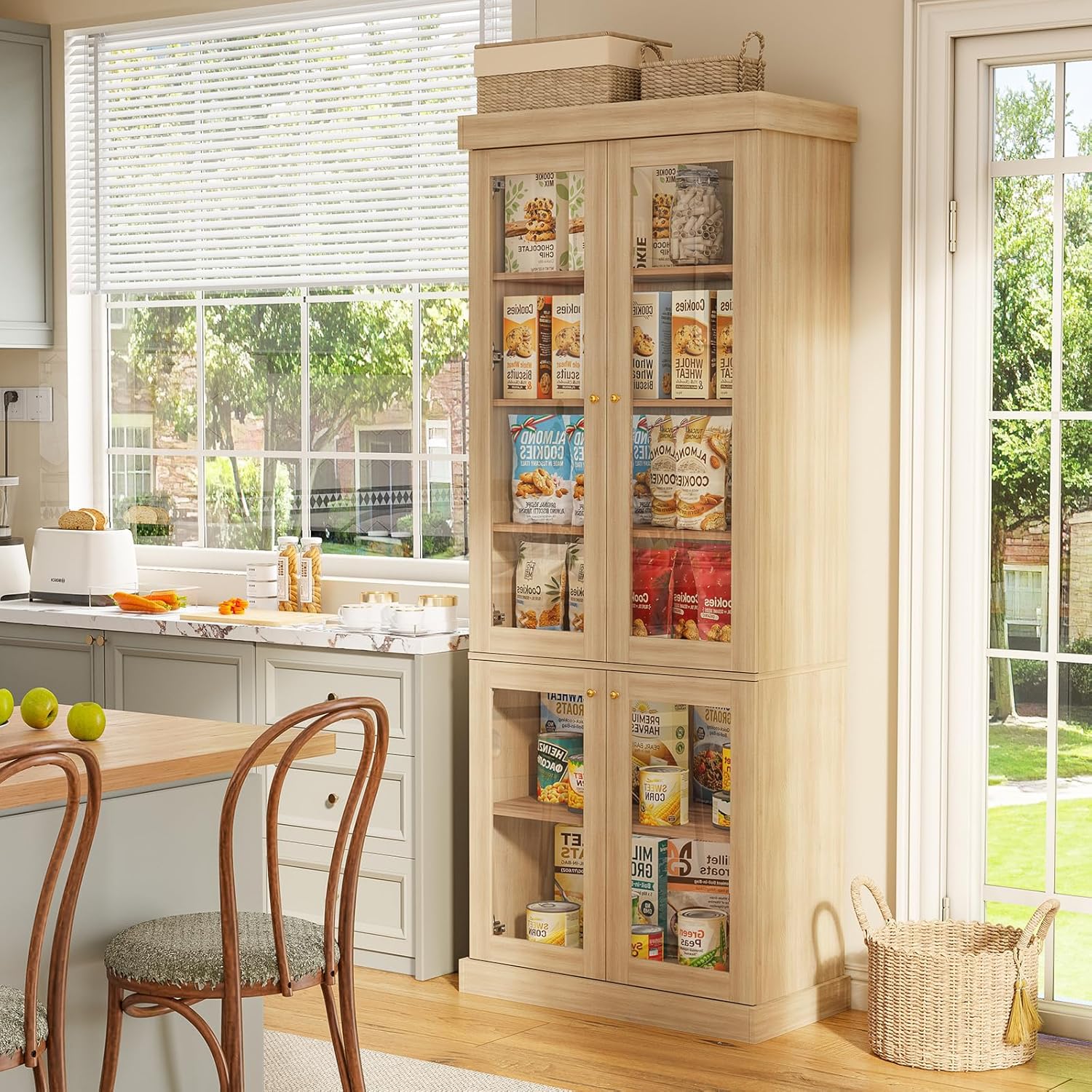 70.8" Tall Farmhouse Modular Kitchen Pantry Cabinet with Glass Doors, Wooden Storage Hutch with 6-Tier Adjustable Shelves, Set of 3, Brown