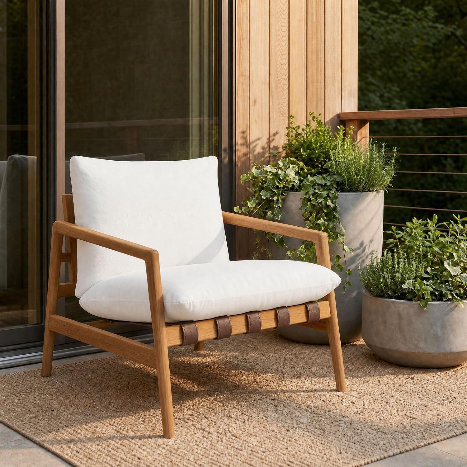 Modway Nomi Teak Wood Outdoor Sling Accent Chair in Natural White - Faux Leather Vegan Patio Armchair with Removable Cushioned Upholstery