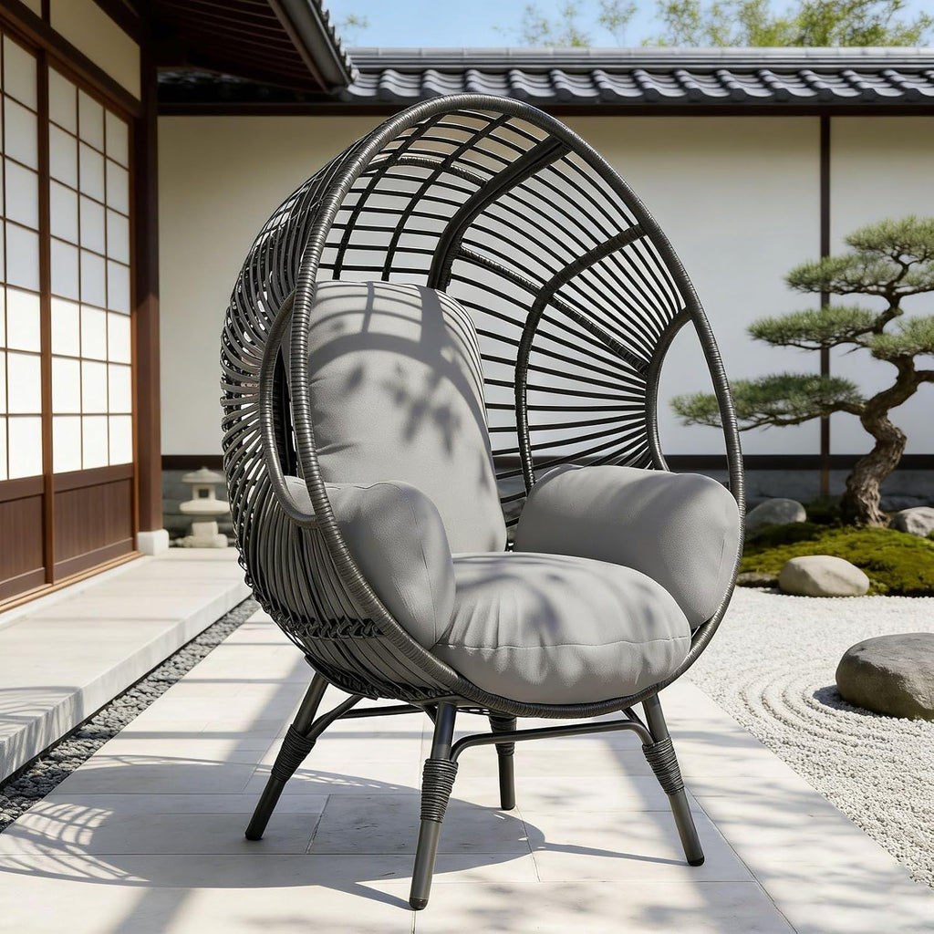 Outdoor Egg Chair Wicker Indoor, 400lbs Capacity, 8-Inch Deep Cushion, Semi-Enclosed Balcony Chairs(Black+Gray)