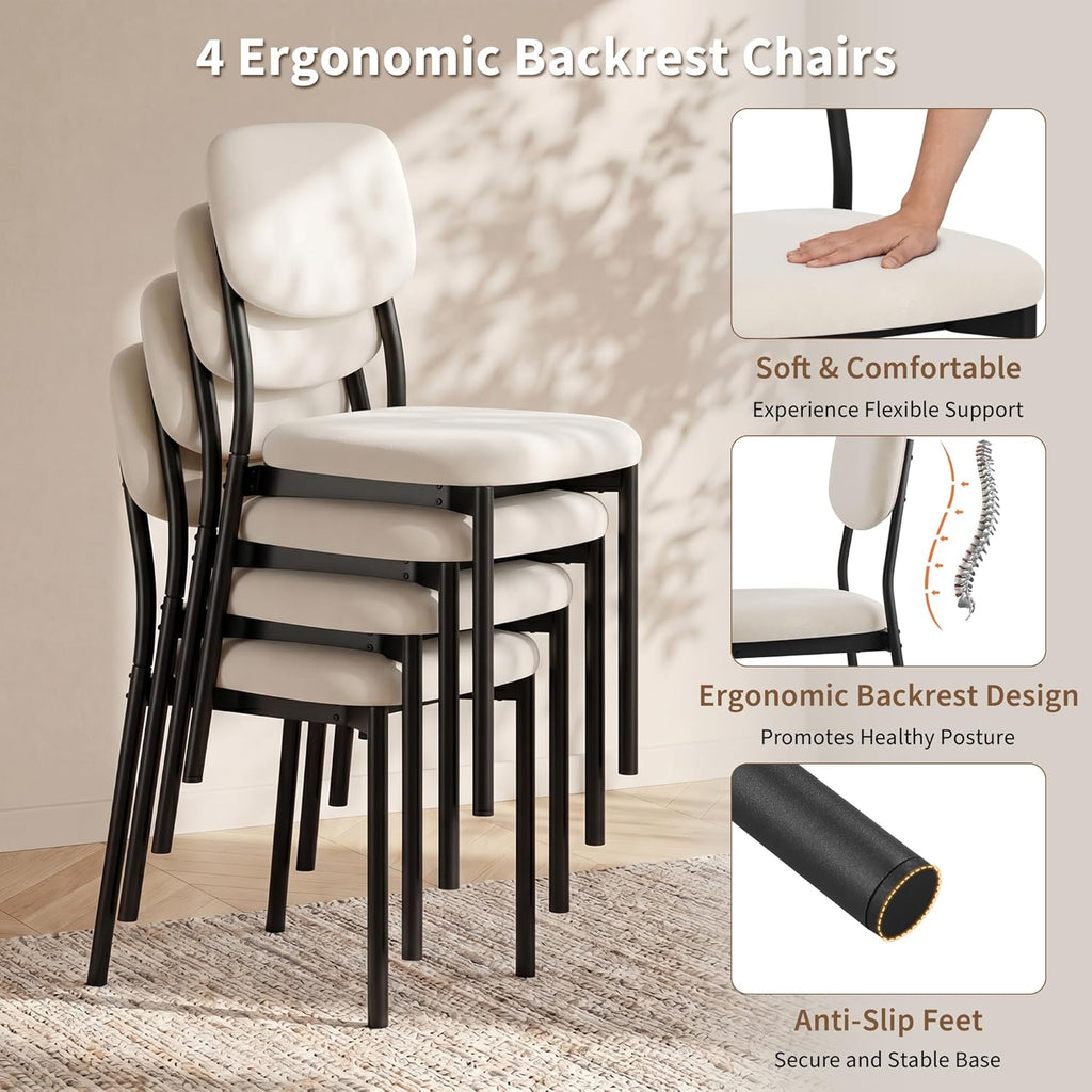 iPormis 43-59" Round Dining Table Set for 4, 5-Piece Kitchen Table & Chairs Set for 4, Extendable Dining Room Circle Table with 4 Upholstered Chairs for Small Space, Walnut Table + 4 White Chairs