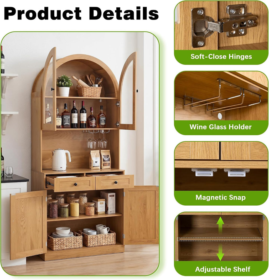Merax 75'' Farmhouse Arched Kitchen Pantry with Charging Station | Kitchen Hutch with Adjustable Shelves, Open Countertop & Glass Holders, Versatile Cupboard for Dining Room Living Room