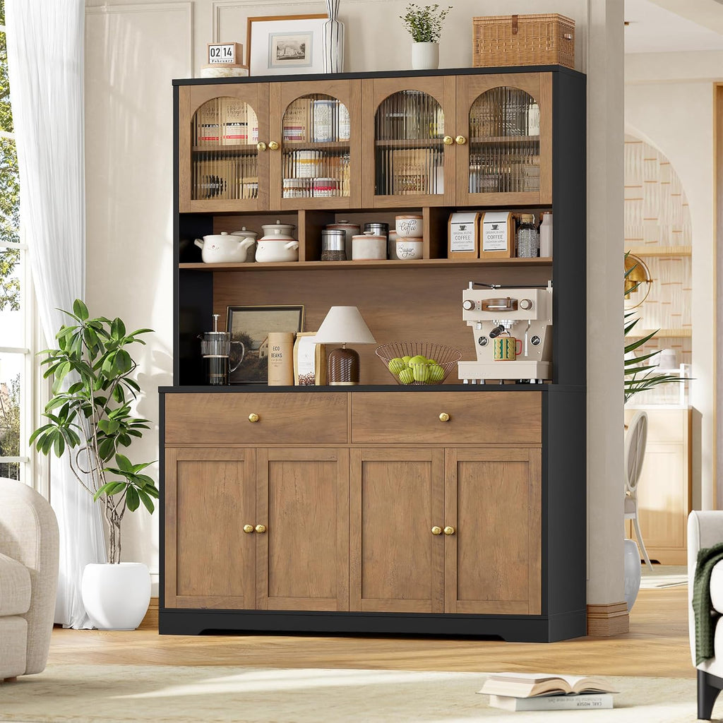FINETONES 71" Pantry Cabinet, Tall Kitchen Pantry Storage Cabinet with Charging Station, 47.2" Wide Kitchen Hutch Food Storage Cabinets with Open Countertop for Dining Room, Black/Brown