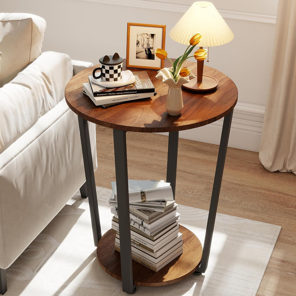 Round End Table, 2-Tier Storage Side Table with Metal Legs, Industrial Wood Accent Table for Living Room Bedroom, Small Space Nightstand with Open Shelf, Walnut