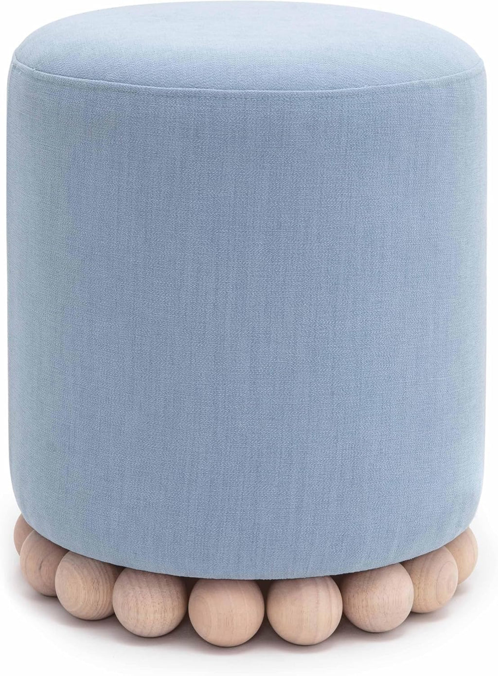 First of a Kind Ottoman Foot Rest - Faded Blue Round Ottoman Stool with Solid Wood Spherical Orbs - 15.7" W x 15.7" D x 18.3" H - Handmade, Easy Clean, 330 lbs Weight Capacity