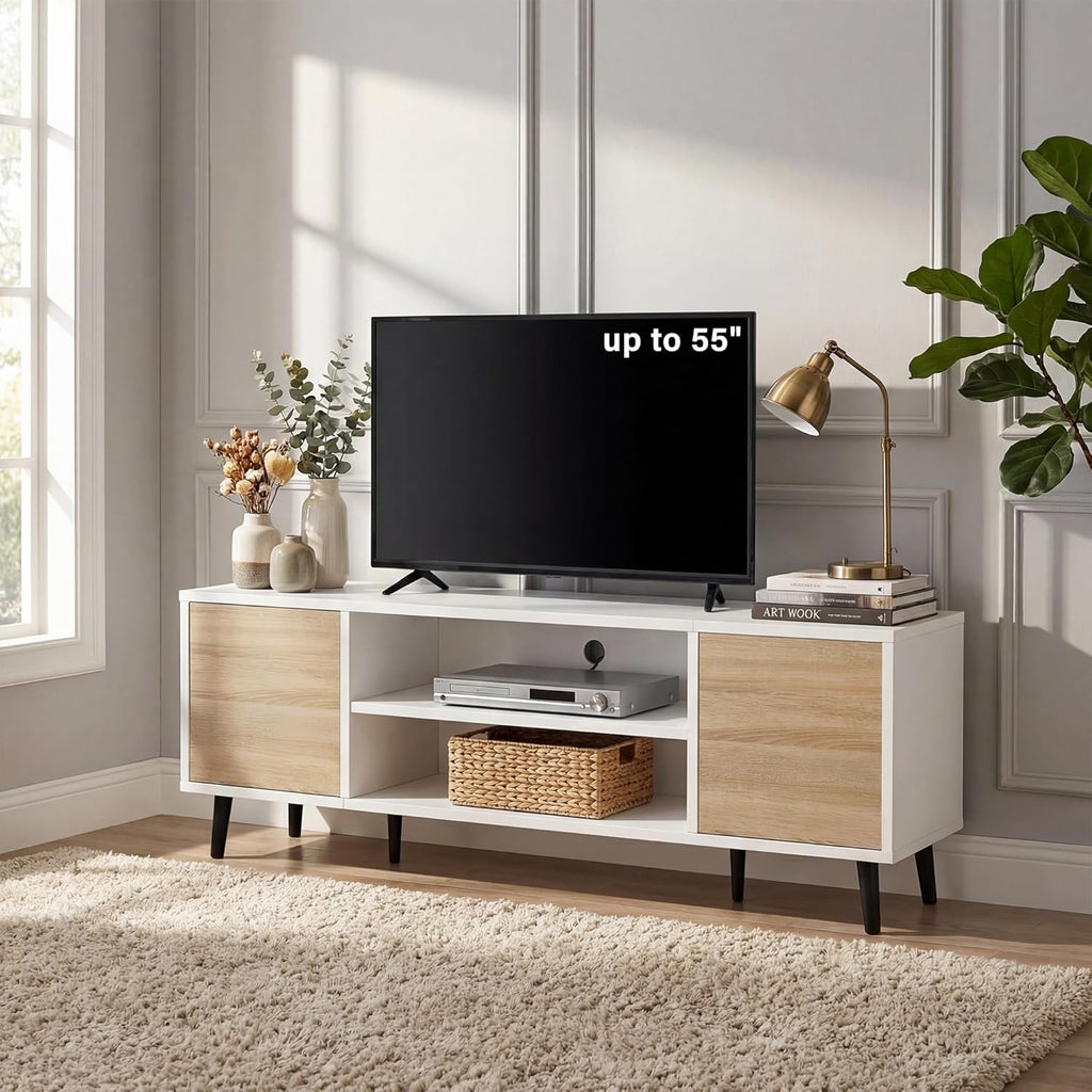 YESHOMY Mid-Century Modern TV Stand for 43-55 Inch TVs, 50 Inch Entertainment Center with Storage, Media Console with Push-to-Open Doors and Cable Management for Living Room, Bedroom (White and Beige)