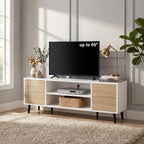 YESHOMY Mid-Century Modern TV Stand for 43-55 Inch TVs, 50 Inch Entertainment Center with Storage, Media Console with Push-to-Open Doors and Cable Management for Living Room, Bedroom (White and Beige)