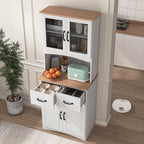 GDFStudio Wooden Kitchen Pantry Cupboard with Framed Glass Doors & Drawer, Freestanding Storage Cabinet Hutch, Kitchen Living Room Rectangle Storage Cabinet, Home Organization Cupboard, White