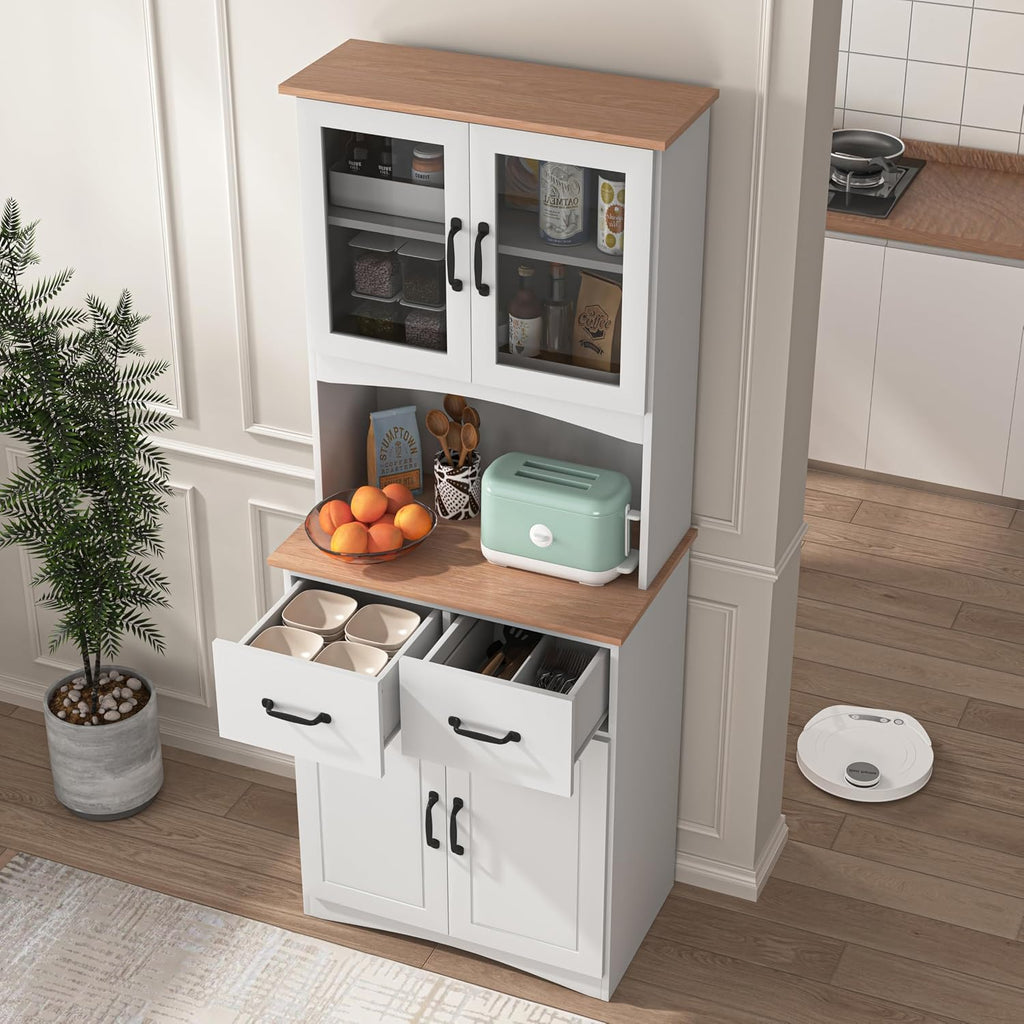 Freestanding Kitchen Pantry with 2 Dawers & 2 Shelves, French Door & Double Door, Rectangular Storage Cabinet, Modern Minimalist, for Living Room, Dining Room, White