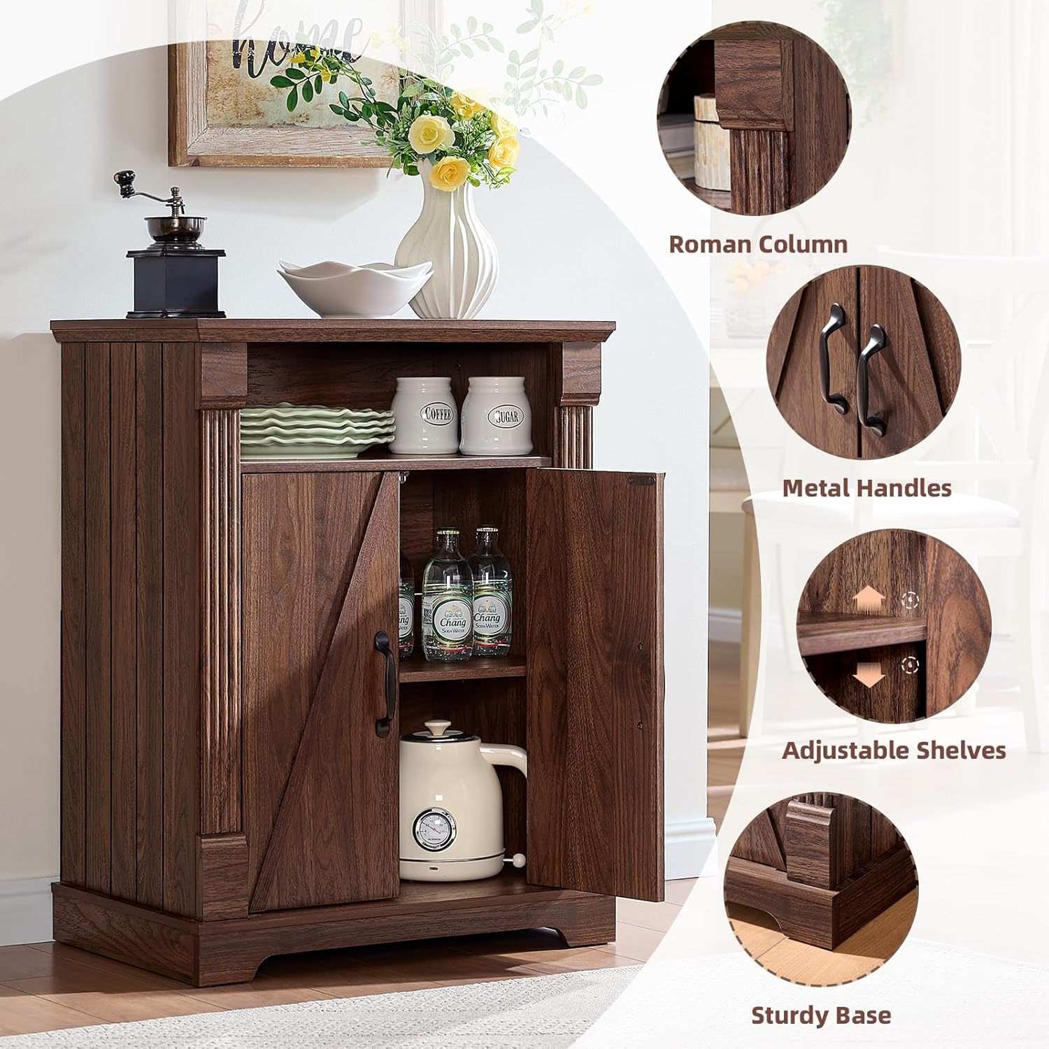 BuildHom 24" Farmhouse Storage Cabinet – Walnut Freestanding Buffet Sideboard with Barn Doors, Adjustable Shelf, Small Coffee Bar for Kitchen, Bathroom & Living Room