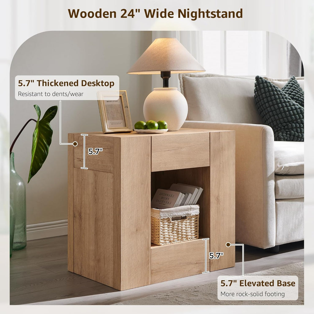 T4TREAM 24'' Modern Nightstand with Charging Station, Wood End Table w/Hidden Drawers & Open Storage Cabinet, Rustic Square Bedside Table for Bedroom,Living Room,Natural Oak