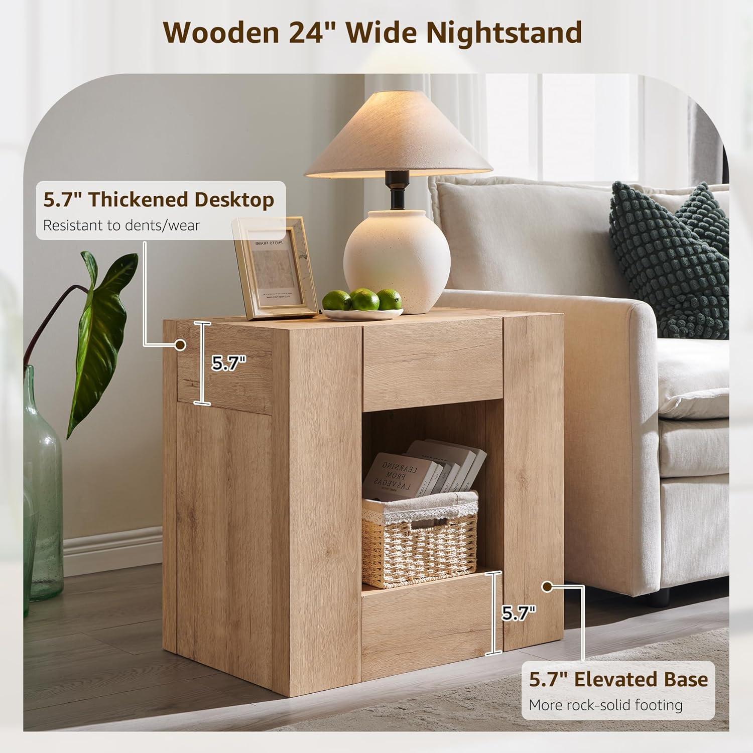 T4TREAM 24'' Modern Nightstand with Charging Station, Wood End Table w/Hidden Drawers & Open Storage Cabinet, Rustic Square Bedside Table for Bedroom,Living Room,Natural Oak