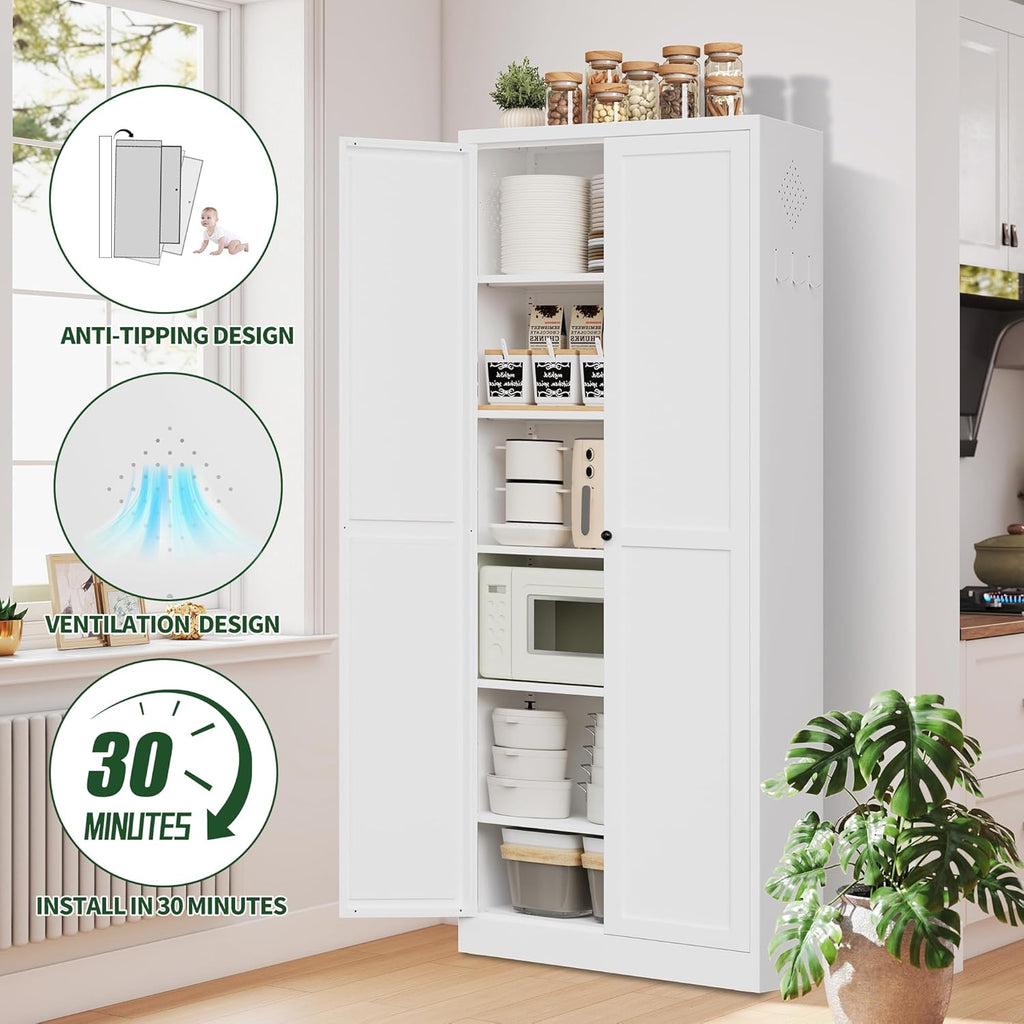 4-Piece Modern Metal Sideboard and Pantry Set,Built in Cabinets for Living Room Kitchen Cabinet Set, Adjustable Shelves, White