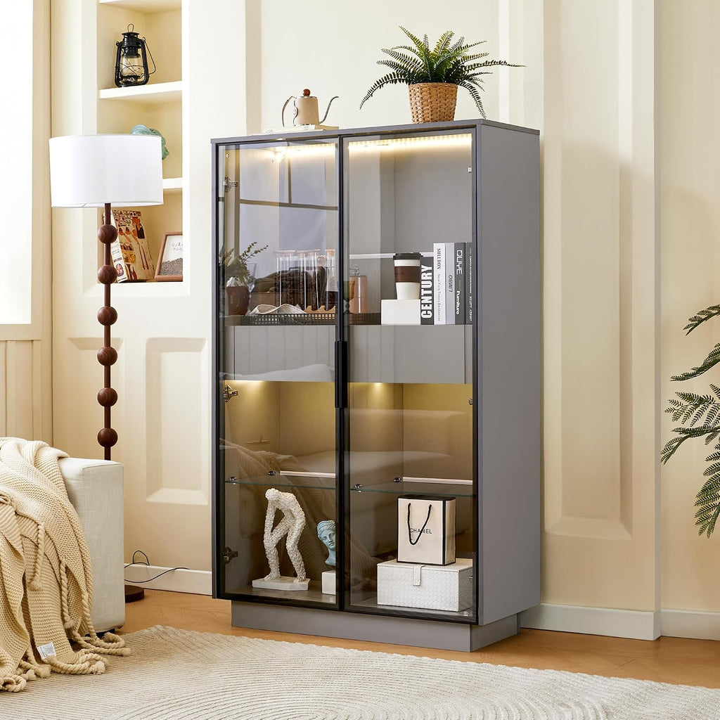 roomfitters 60.6'' Display Cabinet with Glass Doors, Freestanding Pantry Storage Cabinet with Adjustable Shelves for Home, Grey