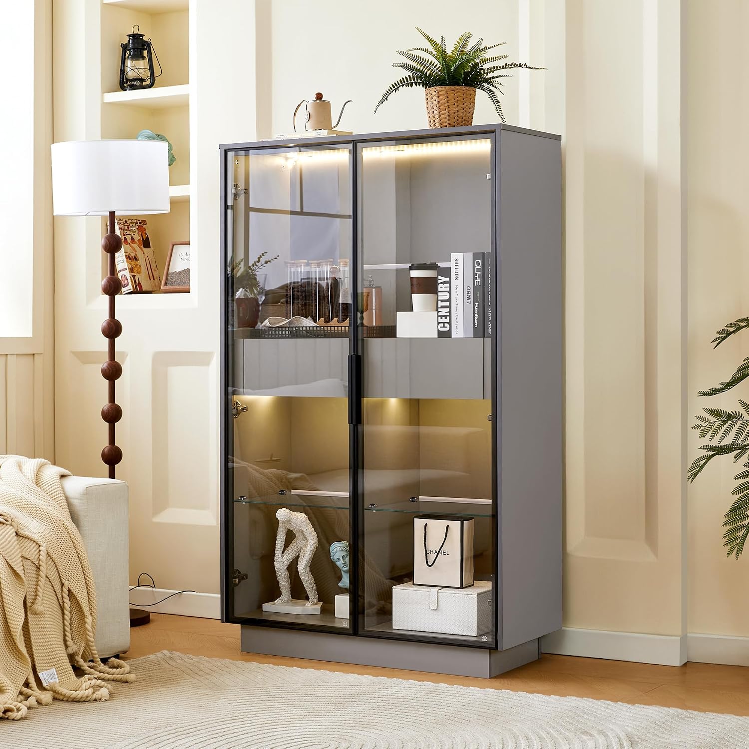 roomfitters 60.6'' Display Cabinet with Glass Doors, Freestanding Pantry Storage Cabinet with Adjustable Shelves for Home, Grey