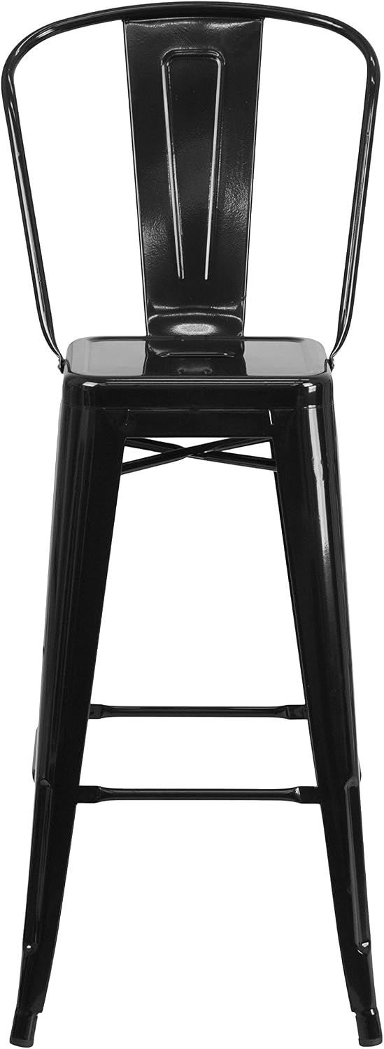 EMMA + OLIVER Commercial Grade 30" H Black Metal Indoor-Outdoor Barstool with Back