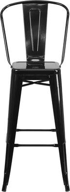 EMMA + OLIVER Commercial Grade 30" H Black Metal Indoor-Outdoor Barstool with Back