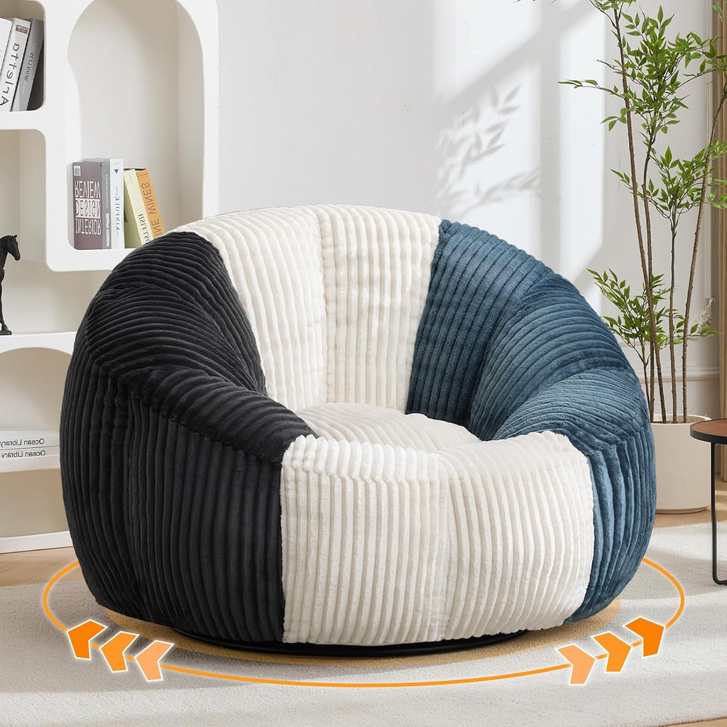 Swivel Giant Bean Bag Chair for Adults, Oversized Corduroy Boneless Chair Plush Round Soft Floor Chair Beanbag Sofa Lounge for Living Room, Bedroom, Game Room, Blue and Grey