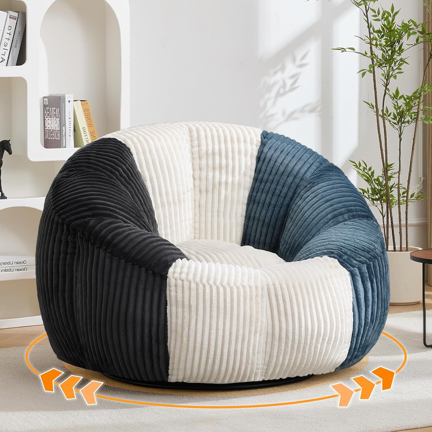 Swivel Giant Bean Bag Chair for Adults, Oversized Corduroy Boneless Chair Plush Round Soft Floor Chair Beanbag Sofa Lounge for Living Room, Bedroom, Game Room, Blue and Grey