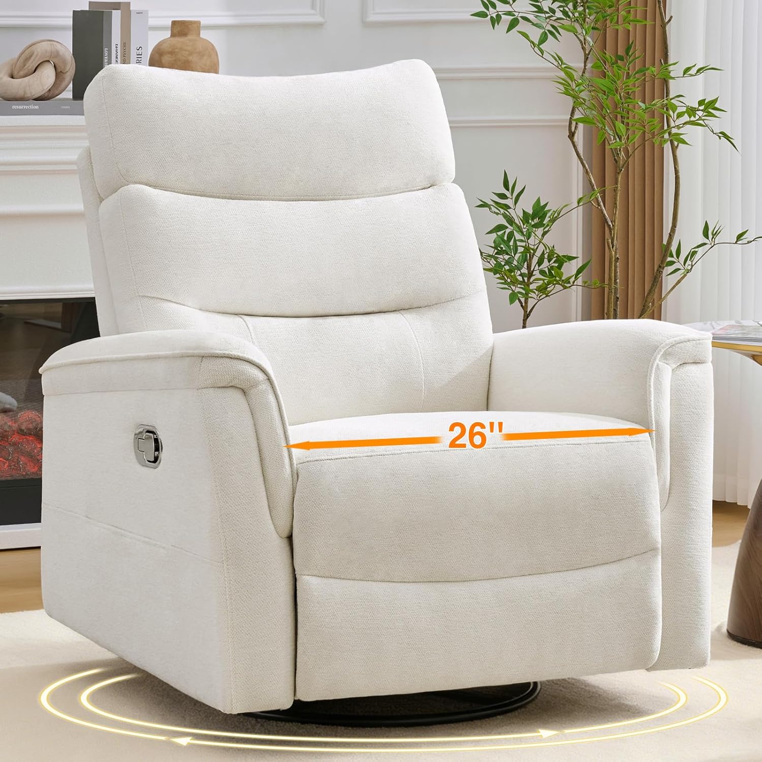 Oversized Swivel Rocker Recliner, 26'' Extra Wide Rocking Recliner Nursery Chair, Manual Swivel Recliner for Nursery, Reclining Rocking for Living Room, Cream White