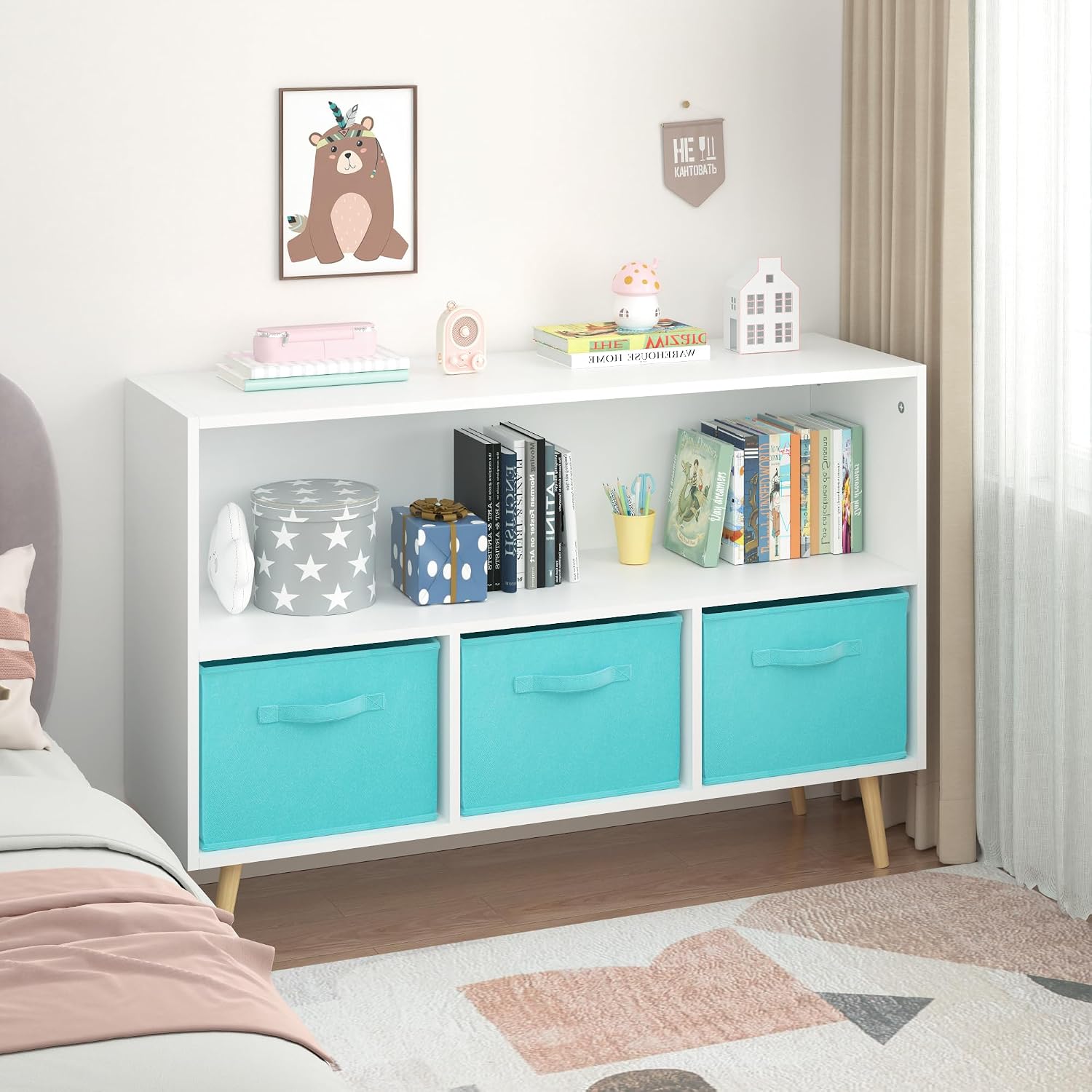 Bookcase with Collapsible Fabric Drawers, Book Display, Toy Storage Cabinet Organizer, White,Blue