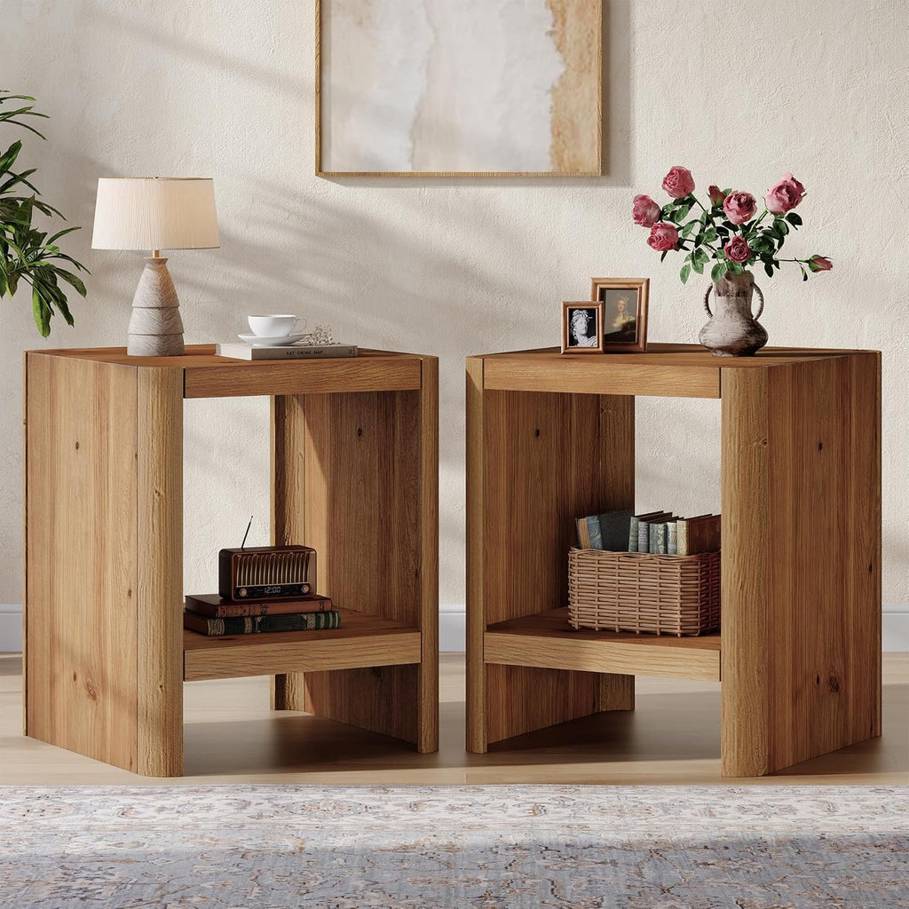 Solid Wood End Table, 2-Tier Small Side Table with Open Storage Shelf, Rustic Nightstand for Living Room, Bedroom, or Small Spaces, Easy Assembly (2, Natural Wood)