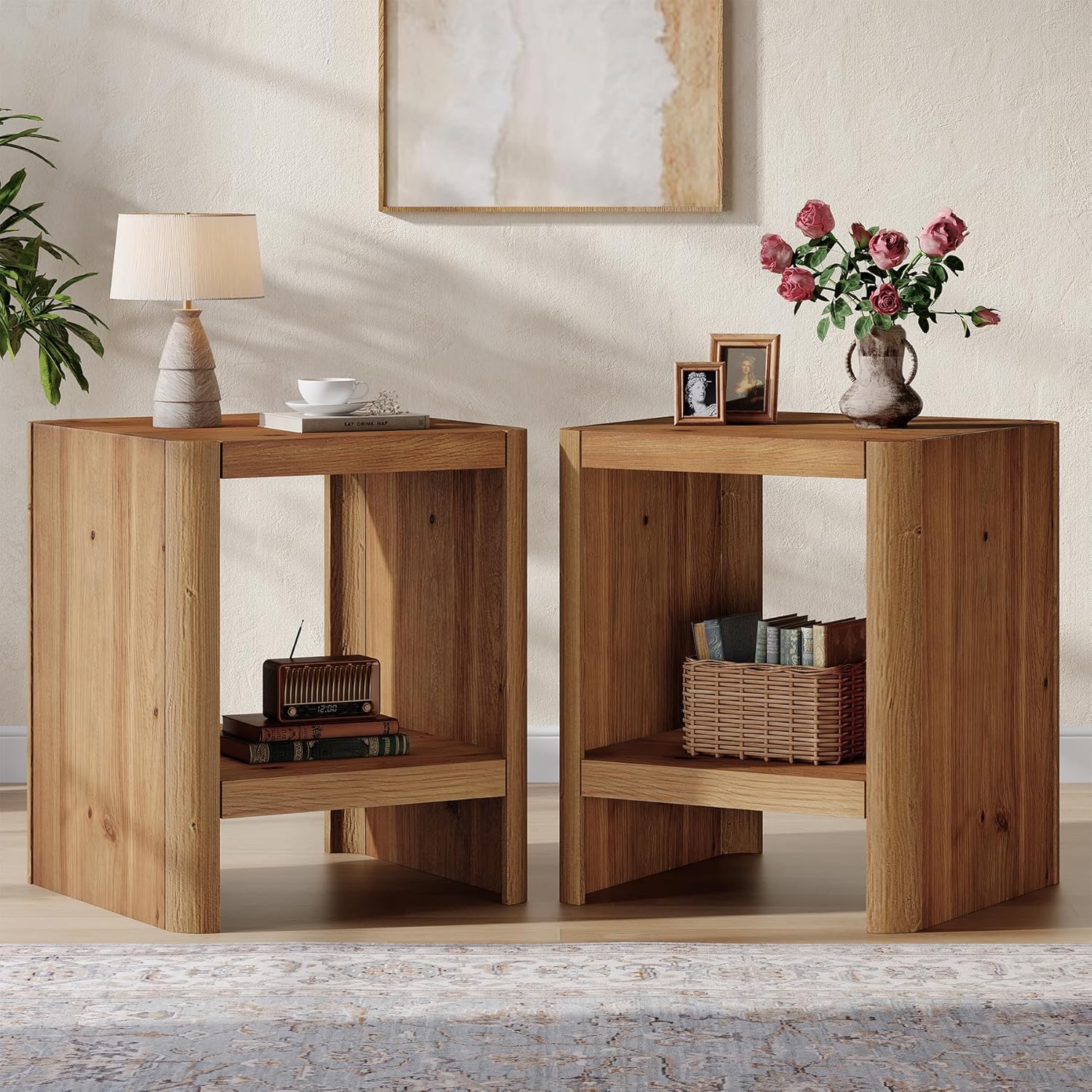 Solid Wood End Table, 2-Tier Small Side Table with Open Storage Shelf, Rustic Nightstand for Living Room, Bedroom, or Small Spaces, Easy Assembly (2, Natural Wood)
