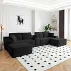 125" Oversized Sectional Couches for Living Room, Modern Boneless Cloud Couch with Ottoman,USB Port&Cup Holders, Comfy Corduroy Modular Sectional U Shape Sofa Couch for Apartment,Black Couch in a Box