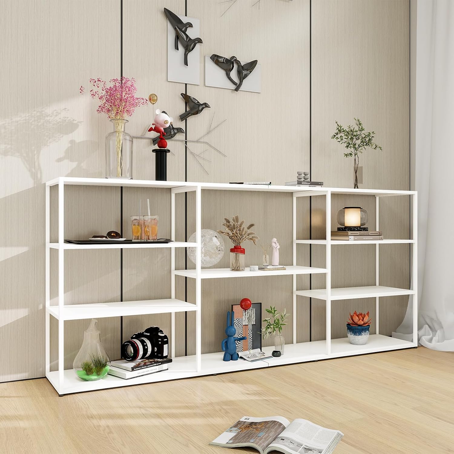 71 Inch Metal Console Table with 8 Storage Shelves,Extra Long Entryway Table,Narrow Sofa Table,Hallway Table for Entrances to Corridor, Foyer,Living Room (White, 70.87×11.81×31.5in)