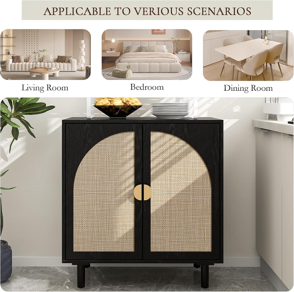 2 Doors Rattan Sideboard Cabinet– 31.5”L for Entryway/Living Room/Dining Console Table Storage, Moisture-Proof, Sturdy Golden Semi-Circular Metal Handles