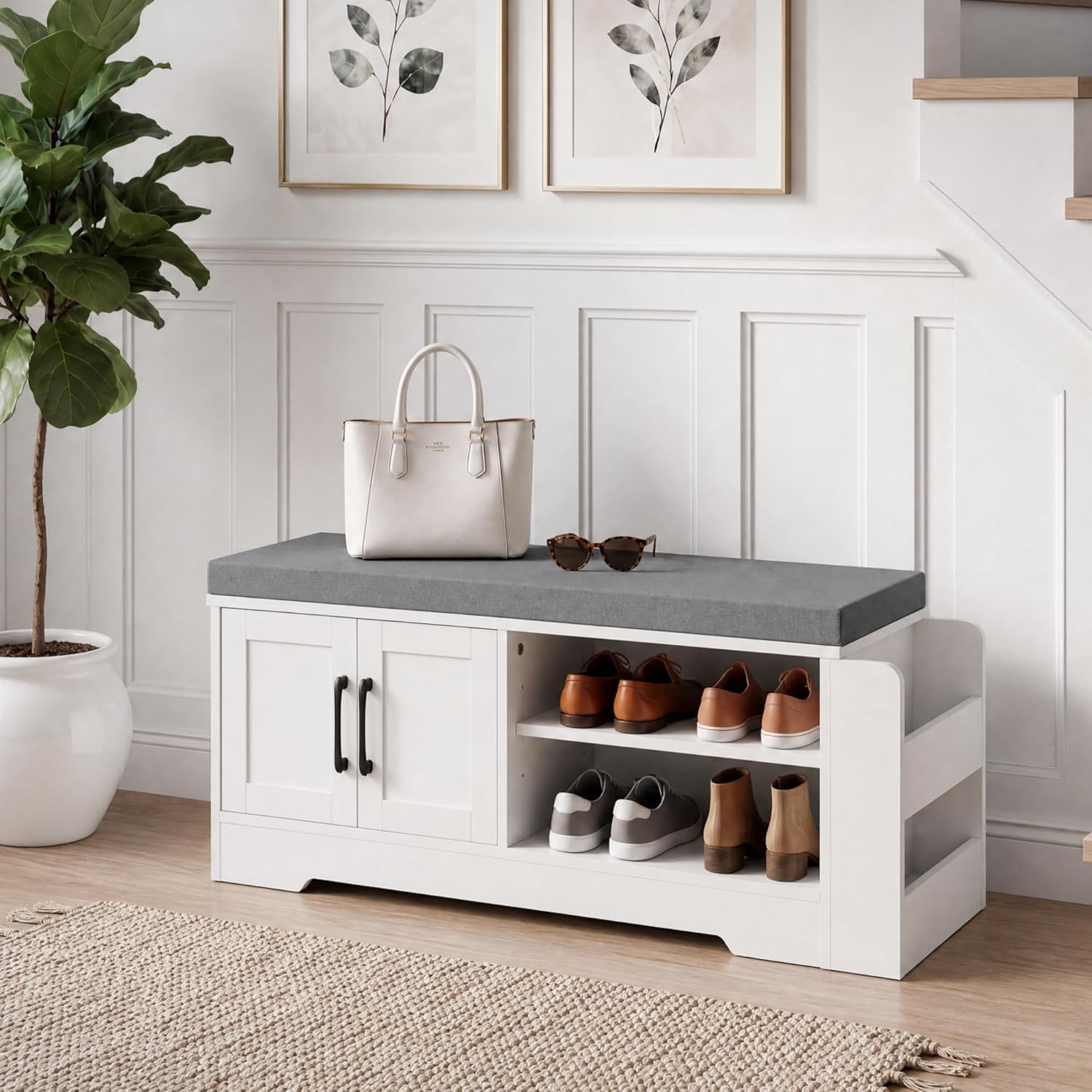 GRUSIGN Shoe Storage Bench, 2-Tier with Adjustable Shelves, Removable Cushion, 39.6'' Wide Shoe Rack Bench for Entryway Bedroom Living Room, White