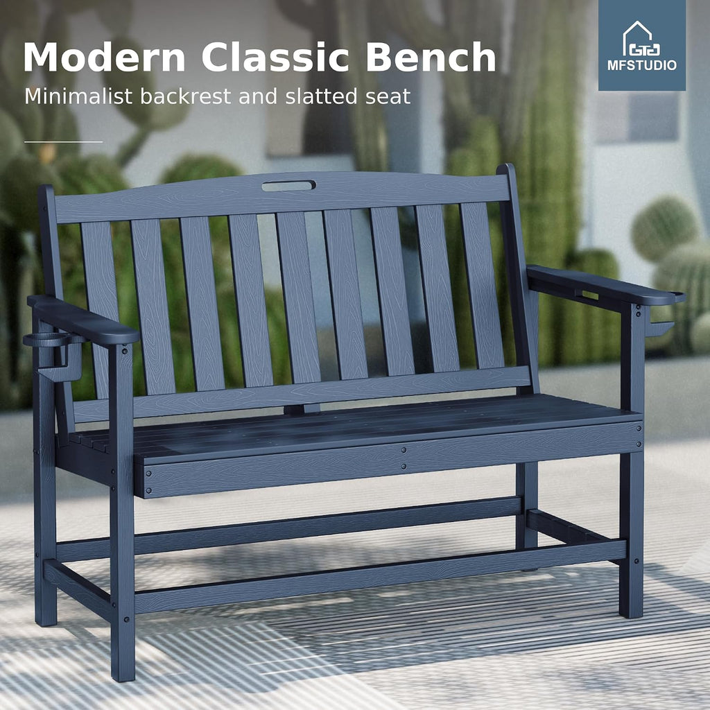 MFSTUDIO 50 Inches HDPE Outdoor Bench, Weatherproof Garden Benches, 2-Person Patio Bench for Outside with 700 lbs Weight Capacity, Perfect for Porch, Backyard and Park, Navy