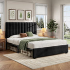 Welzona Queen Upholstered Bed Frame with Headboard, Velvet Upholstered Metal Platform Bed with Vertical Channel Tufted Headboard, 3-Level Height, Metal Slat Support, Noise-Free Easy Assembly, Black