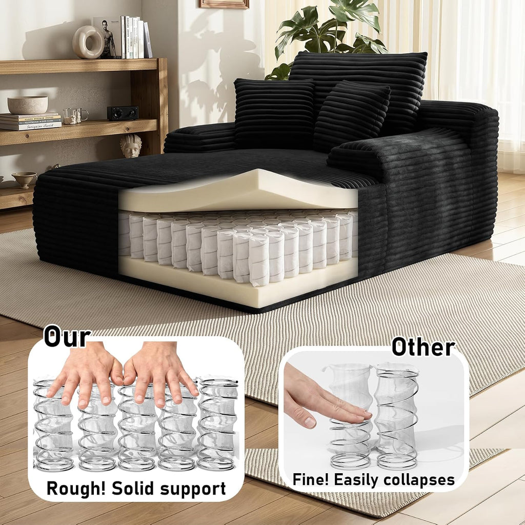 65'' Chaise Lounge Chair Indoor, Black Corduroy Sofa Bed, Boneless Lounge Chair, Oversized Sleeper Sofa, Black Corduroy Cloud Couch Reading Chair for Living Room No Assembly