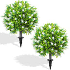 2 Pack 25" Artificial White Lavender Topiary Ball Trees for Outdoors, UV Resistant Faux Evergreen Shrubs with Ground Spikes, Fake Bush Ball Plants for Front Porch, Patio, Garden, Indoor Outdoor Decor