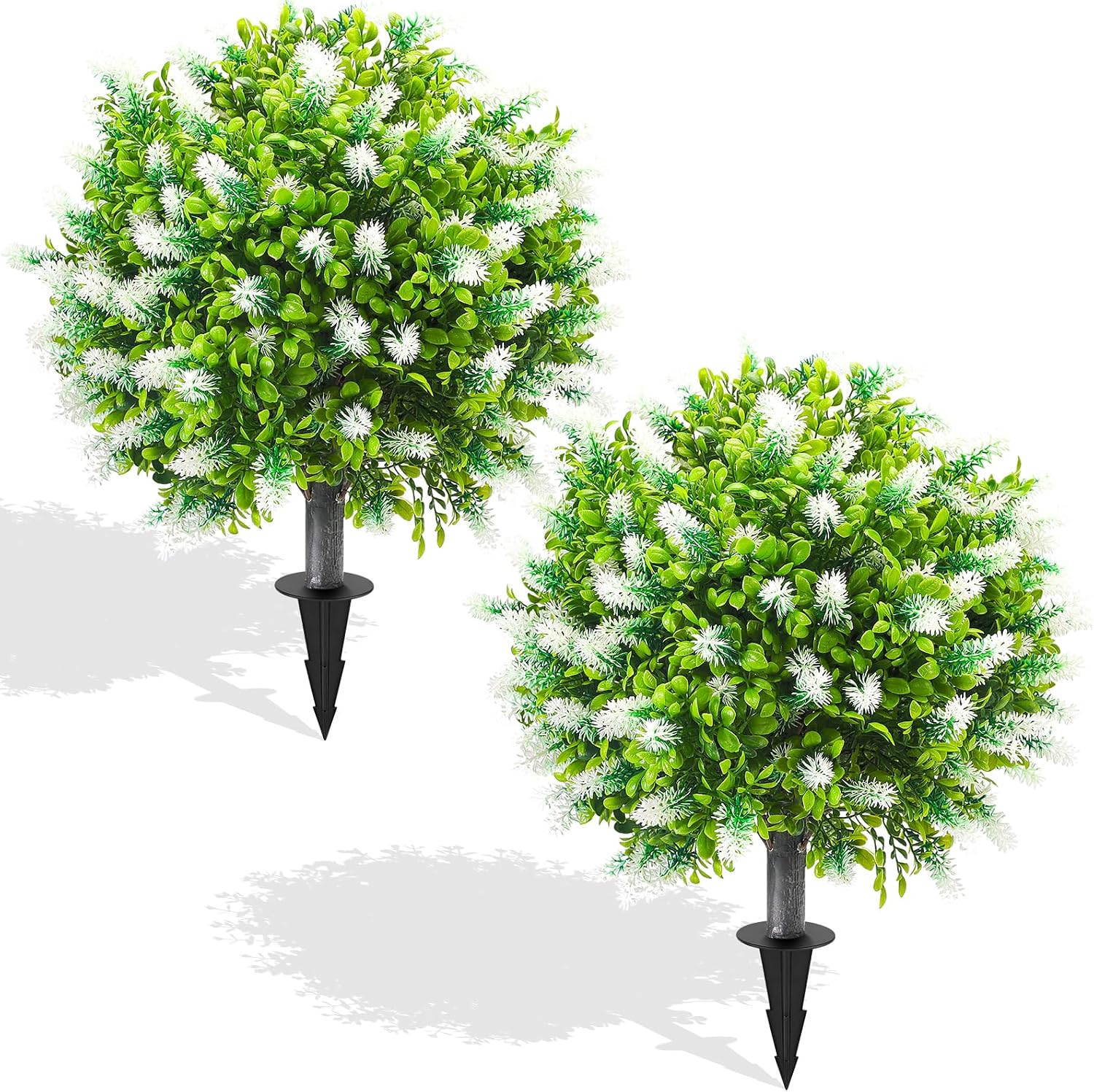 2 Pack 25" Artificial White Lavender Topiary Ball Trees for Outdoors, UV Resistant Faux Evergreen Shrubs with Ground Spikes, Fake Bush Ball Plants for Front Porch, Patio, Garden, Indoor Outdoor Decor