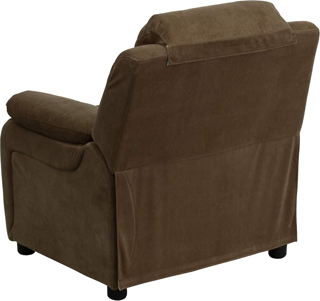 Flash Furniture Charlie Microfiber Kids Recliner with Flip-Up Storage Arms and Safety Recline, Contemporary Reclining Chair for Kids, Supports up to 90 lbs., Brown