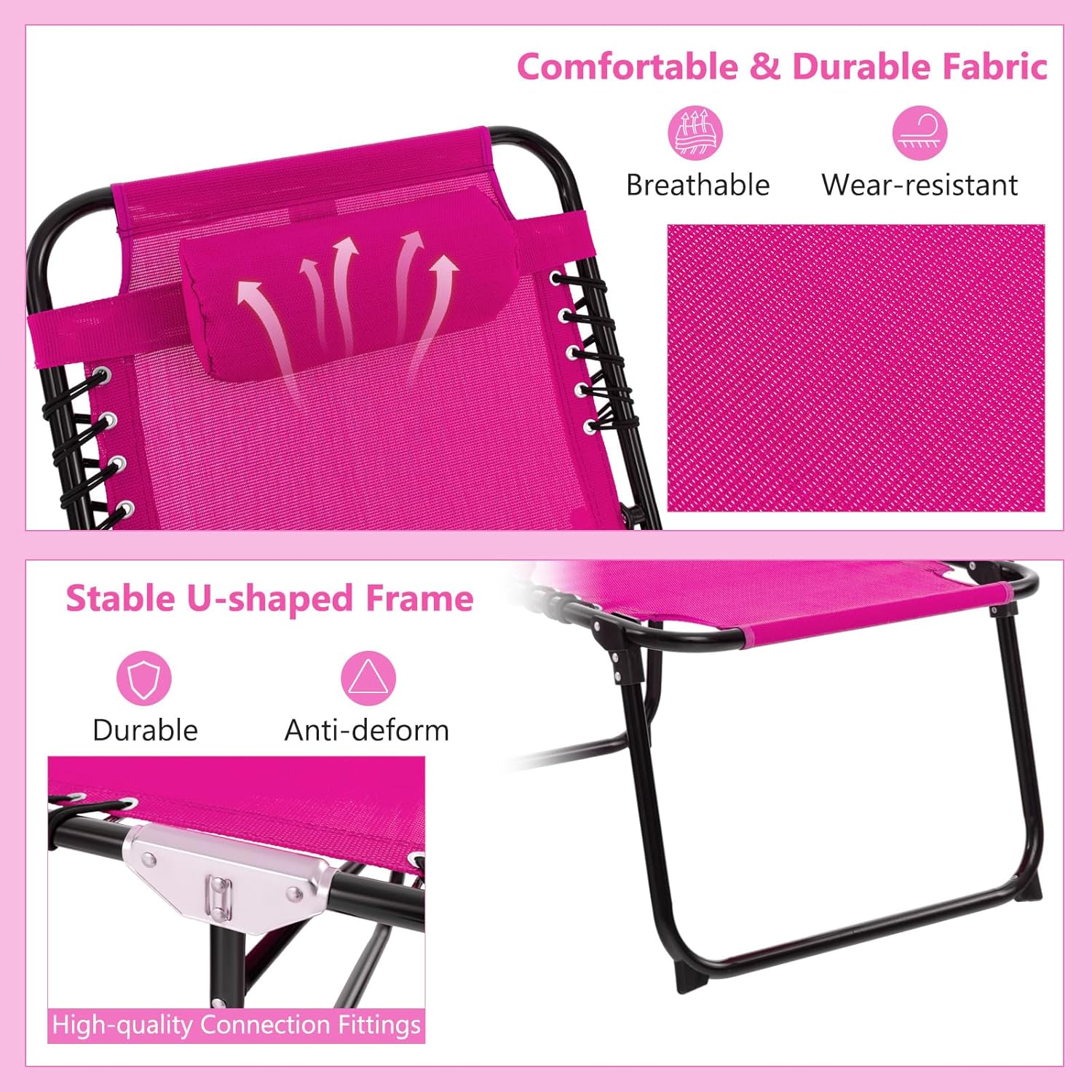 Giantex Patio Lounge Chairs for Outside - Folding Tanning Chair w/Headrest, 4 Adjustable Positions, Side Pocket, Outdoor Chaise Lounge for Camping, Pool, Sunbathing Beach Chair, Pink