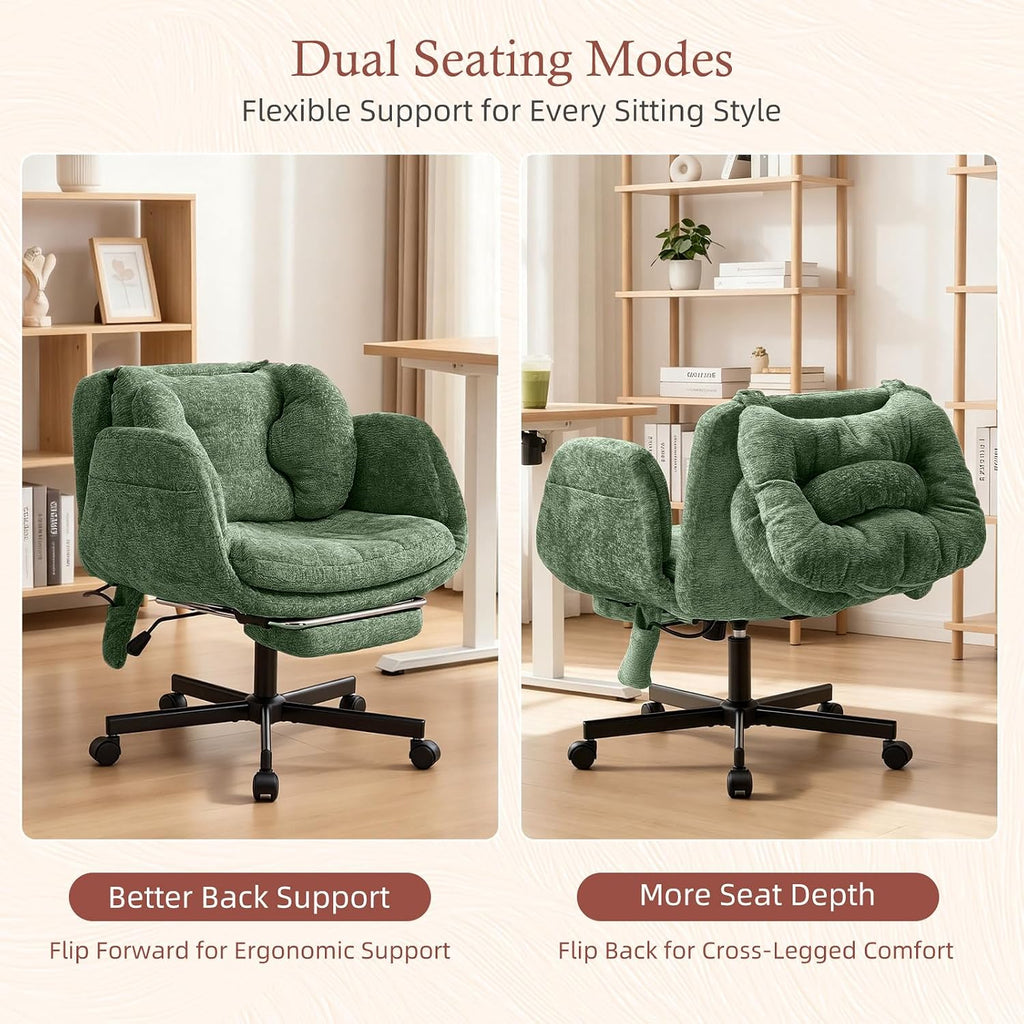 Criss Cross Office Chair with Foot Rest, 5 Gears Adjustable Armrests, Cross Legged Desk Chair with Flip Lumbar Pillow, Built-in Airbag, Wide Seat Chairs for Home Office Makeup Meditation, Light Green