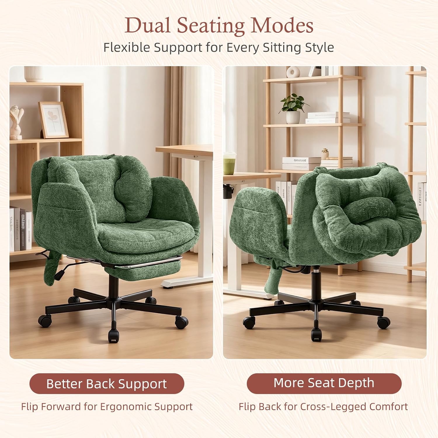 Criss Cross Office Chair with Foot Rest, 5 Gears Adjustable Armrests, Cross Legged Desk Chair with Flip Lumbar Pillow, Built-in Airbag, Wide Seat Chairs for Home Office Makeup Meditation, Light Green