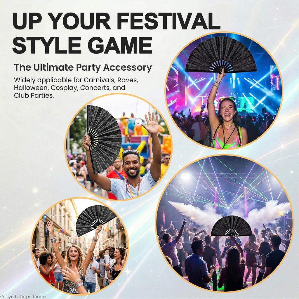 13" Glitter Large Rave Folding Fan with Holster, Popping Clack Hand Fan for Line Dancing for Women Men, Summer Music Party EDM Festival Club Party Dance