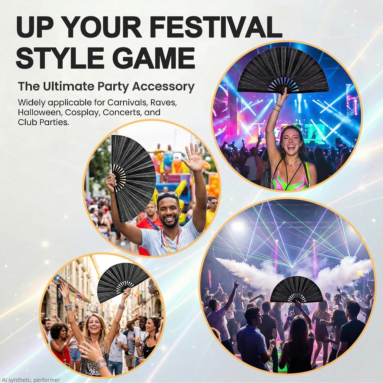 13" Glitter Large Rave Folding Fan with Holster, Popping Clack Hand Fan for Line Dancing for Women Men, Summer Music Party EDM Festival Club Party Dance
