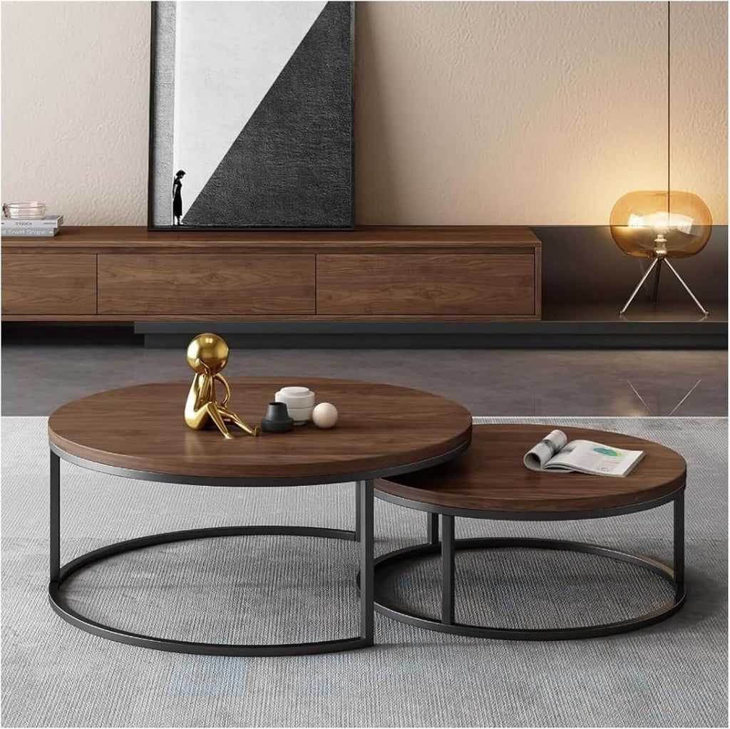 Round Nesting Coffee Table Set of 2, Modern Minimalist Accent Tables for Living Room, Bedroom, Office, Stackable Side Tables(Walnut)