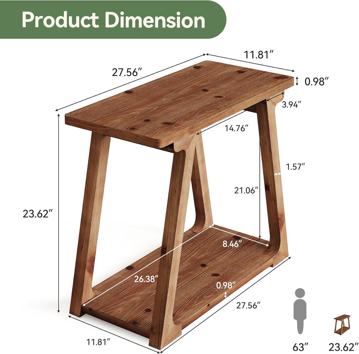 Solid Wood End Table for Living Room, 2-Tier Narrow Rustic Side Table, Rectangle Farmhouse Nightstand for Bedroom, Easy Assembly, Trapezoidal Base (1, Natural Brown)