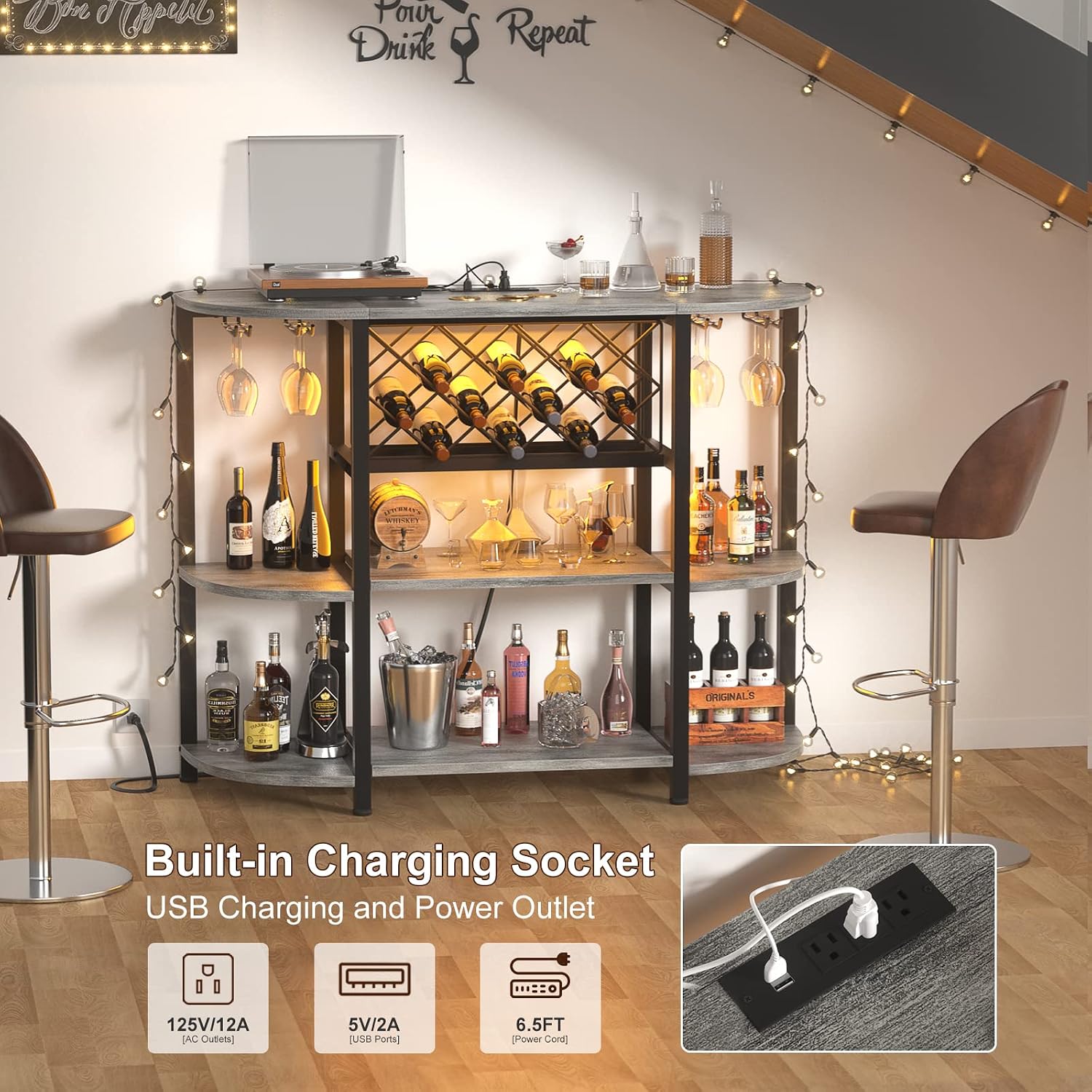 Unikito 4-Tier Metal Coffee Bar Cabinet with Outlet and LED Light, Freestanding Floor Table for Liquor Glass Holder Wine Rack Storage, Bakers Kitchen Dining Room, White Oak