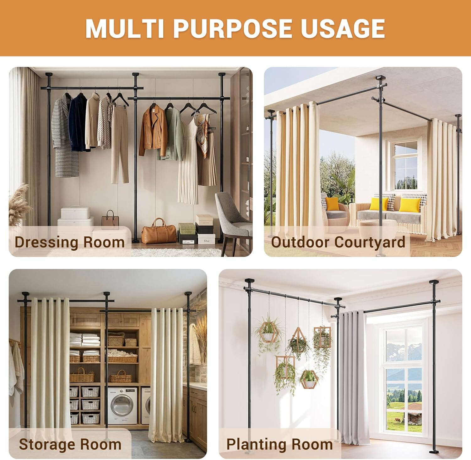 Room Divider Curtain Rod, No Drilling Wall Divider for Room Separation, Adjustable 4-10ft(H) 28-114inch(W) Heavy Duty Temporary Wall Divider Floor to Ceiling Tension Rod,Black