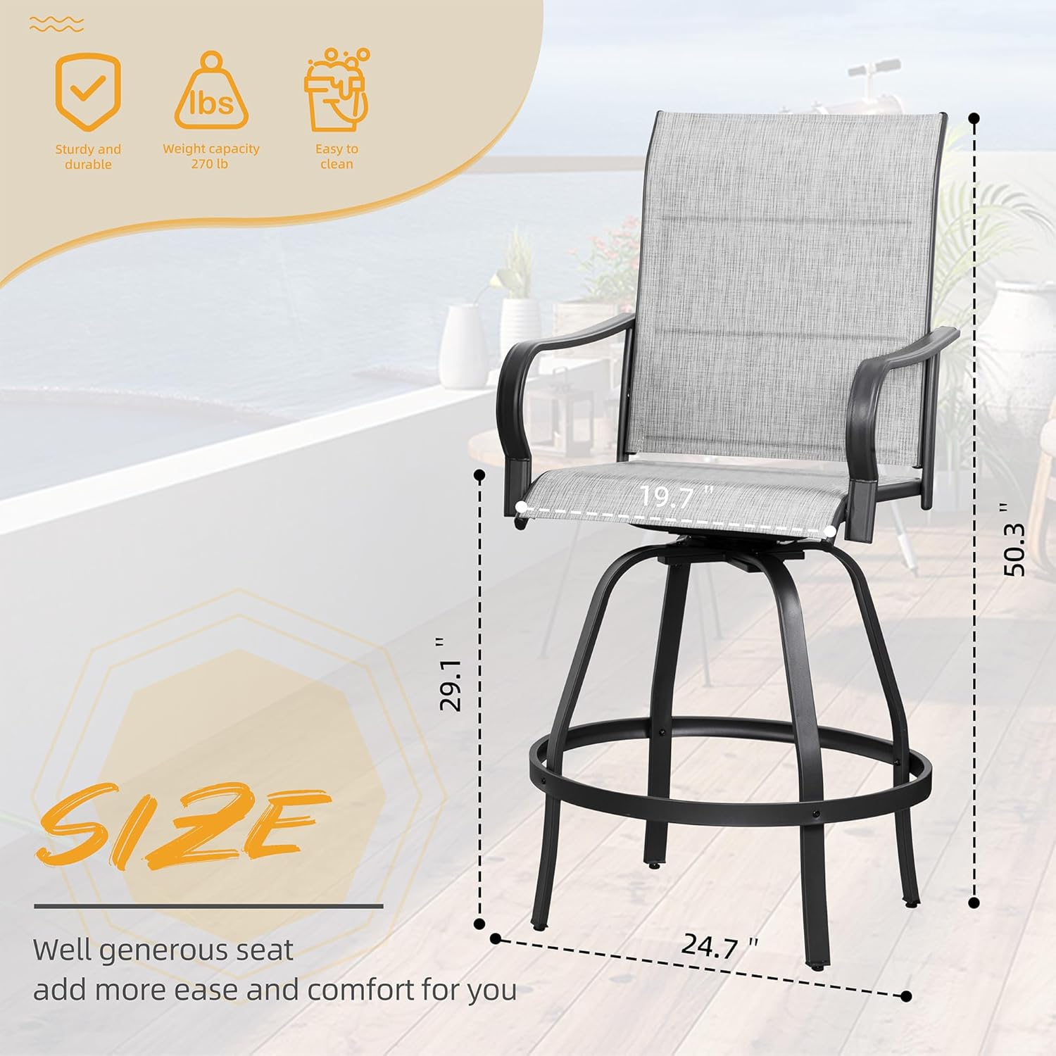 Shintenchi 4 Piece Patio Swivel Bar Chairs, All Weather Padded Textile Outdoor Metal Bar Stools Patio Chairs Set of 4, High Top Bistro Set Furniture for Balcony, Backyard, Lawn Garden, Deck,Light Grey